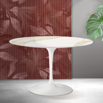 Mesa redonda Tulip de Saarinen, 74 cm de altura, en cerámica mate Florim Calacatta Gold - Escarlata viadurini
