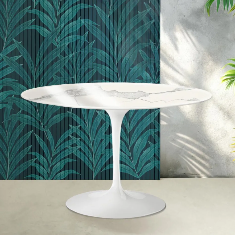 Mesa redonda Tulip de Saarinen, 74 cm de altura, en cerámica Statuario Florim brillante - Escarlata viadurini