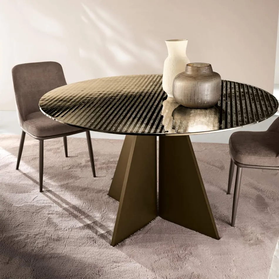 Mesa redonda de cristal con franjas plateadas en la parte posterior, disponible en dos tamaños y fabricada en Italia - Armon viadurini