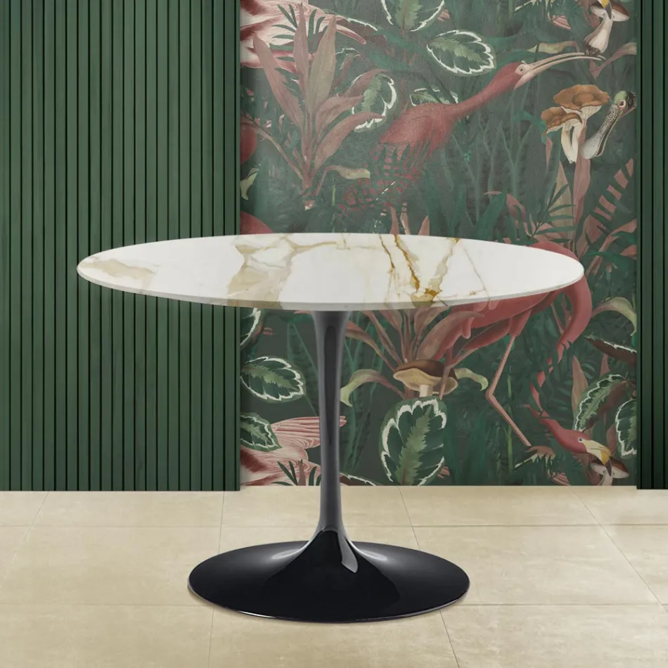 Eero Saarinen Mesa Tulip H 73 con Tapa Redonda en Mármol Caracatta Dorado viadurini