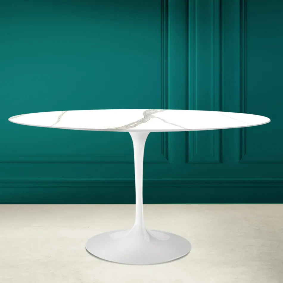 Mesa Tulip Eero Saarinen H 73 Ovalada en Cerámica Calacatta Michelangelo viadurini