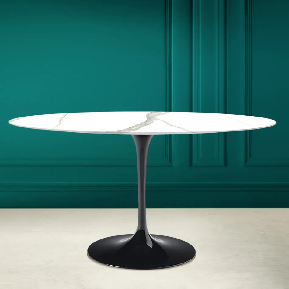 Mesa Tulip Eero Saarinen H 73 Ovalada en Cerámica Calacatta Michelangelo viadurini