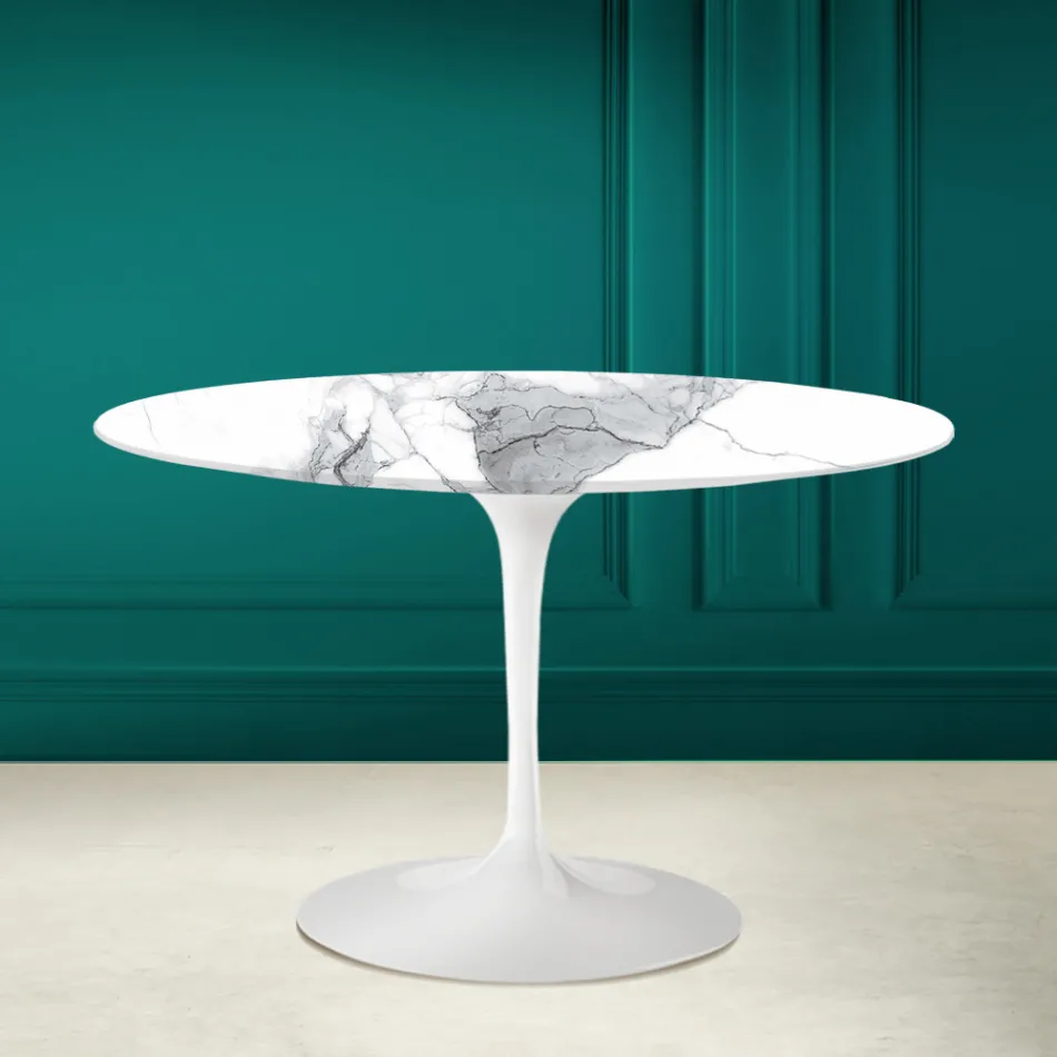 Mesa Tulip Eero Saarinen H 73 Redonda en Statuario Altissimo Made in Italy - Escarlata viadurini