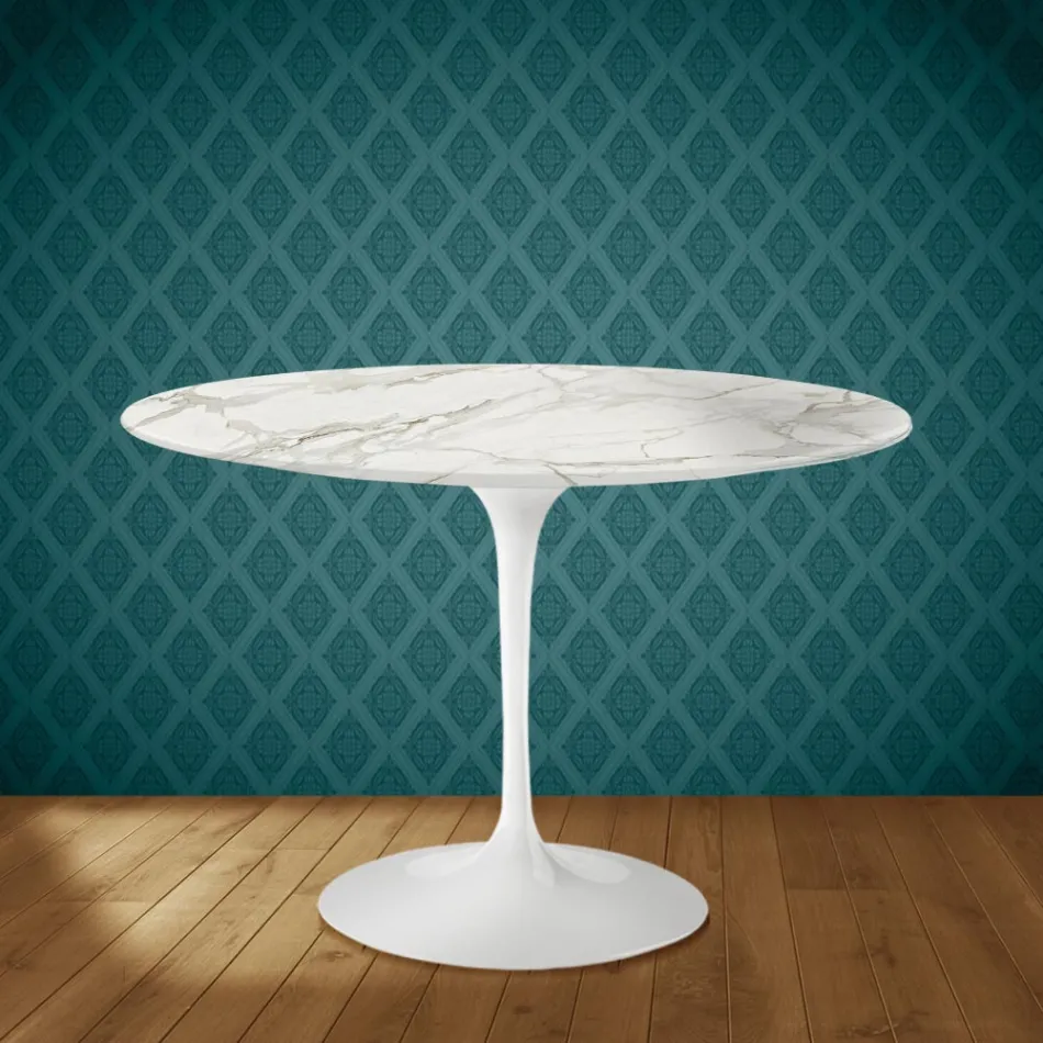 Mesa Tulip de Eero Saarinen, redonda, de 74 cm de altura, en cerámica brillante, fabricada en Italia - Scarlet viadurini