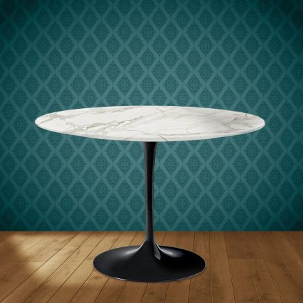 Mesa Tulip de Eero Saarinen, redonda, de 74 cm de altura, en cerámica brillante, fabricada en Italia - Scarlet viadurini