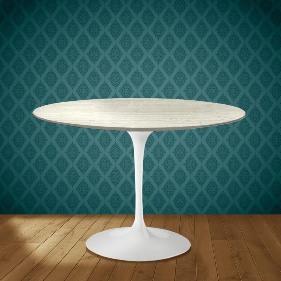 Mesa Tulip de Eero Saarinen, redonda, de 74 cm de altura, en cerámica Marmorio, fabricada en Italia - Escarlata viadurini