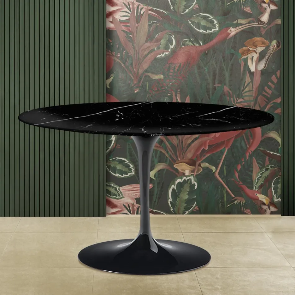 Mesa Saarinen Tulip H 73 con Tapa Redonda en Mármol Marquinia Negro Made in Italy - Escarlata viadurini