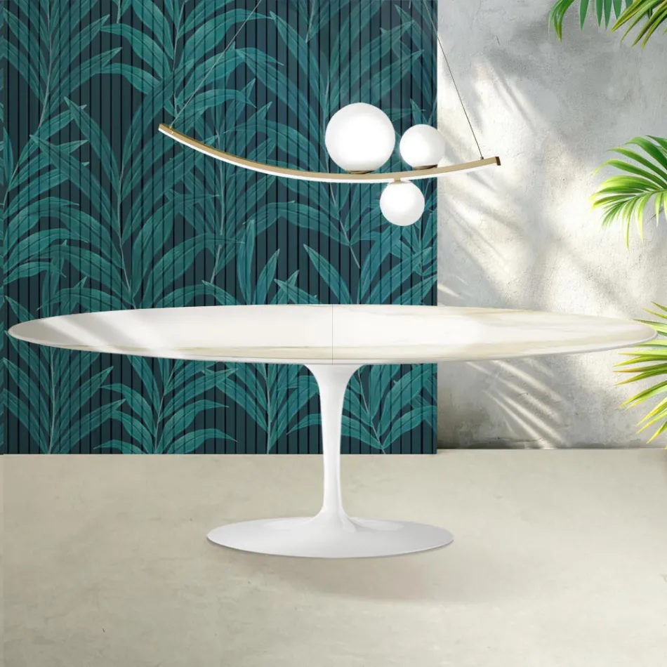 Mesa Tulipán Saarinen, 74 cm de altura, extensible, en cerámica Florim Calacatta Gold Gloss - Escarlata viadurini