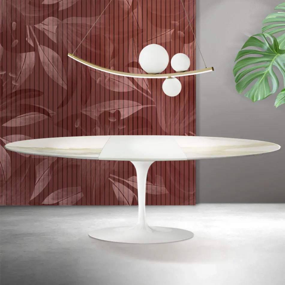 Mesa Tulipán Saarinen, 74 cm de altura, extensible, en cerámica Florim Calacatta Gold mate - Escarlata viadurini