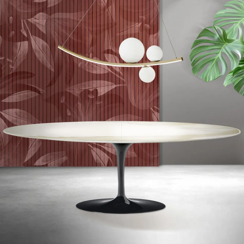 Mesa Tulipán Saarinen, 74 cm de altura, extensible, en cerámica Florim Calacatta Gold mate - Escarlata viadurini