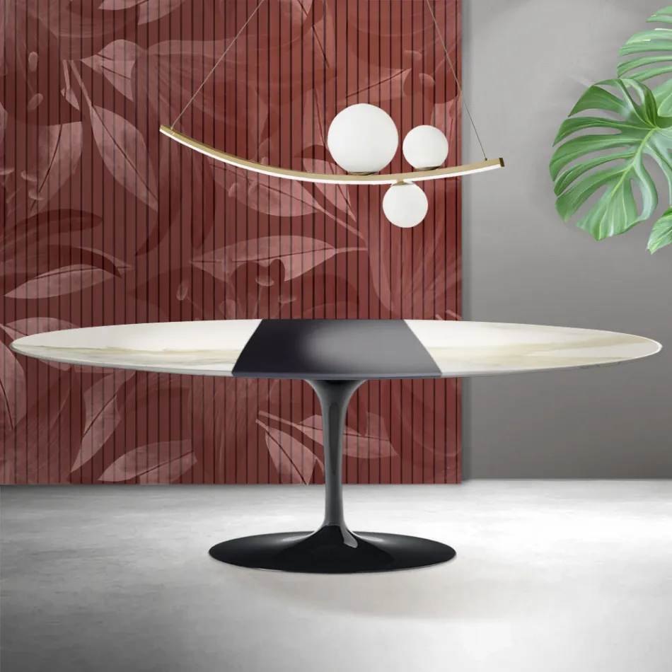 Mesa Tulipán Saarinen, 74 cm de altura, extensible, en cerámica Florim Calacatta Gold mate - Escarlata viadurini