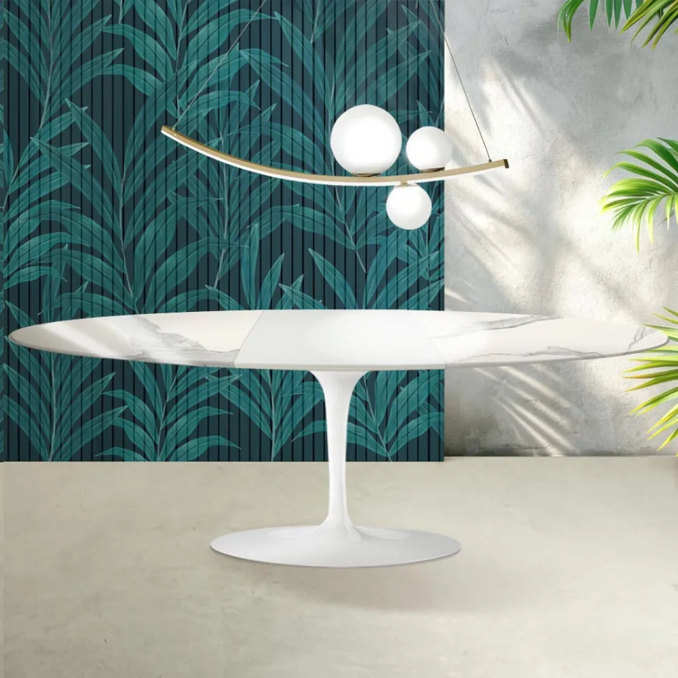 Mesa Tulipán Saarinen, 74 cm de altura, extensible, en cerámica brillante Florim Statuario - Escarlata viadurini