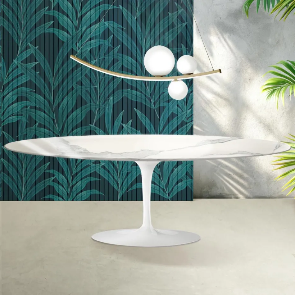 Mesa Tulipán Saarinen, 74 cm de altura, extensible, en cerámica brillante Florim Statuario - Escarlata viadurini