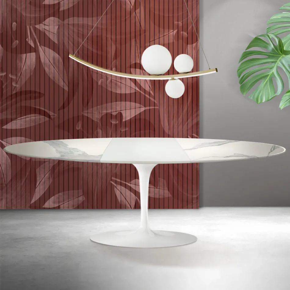 Mesa Tulipán Saarinen, 74 cm de altura, extensible, en cerámica mate Florim Statuario - Escarlata viadurini