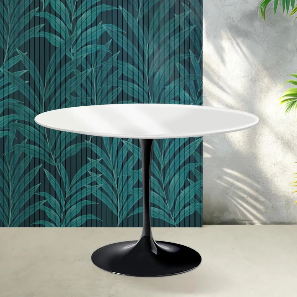 Mesa Tulipán de Saarinen, 74 cm de altura, en cerámica Florim blanca brillante - Escarlata viadurini