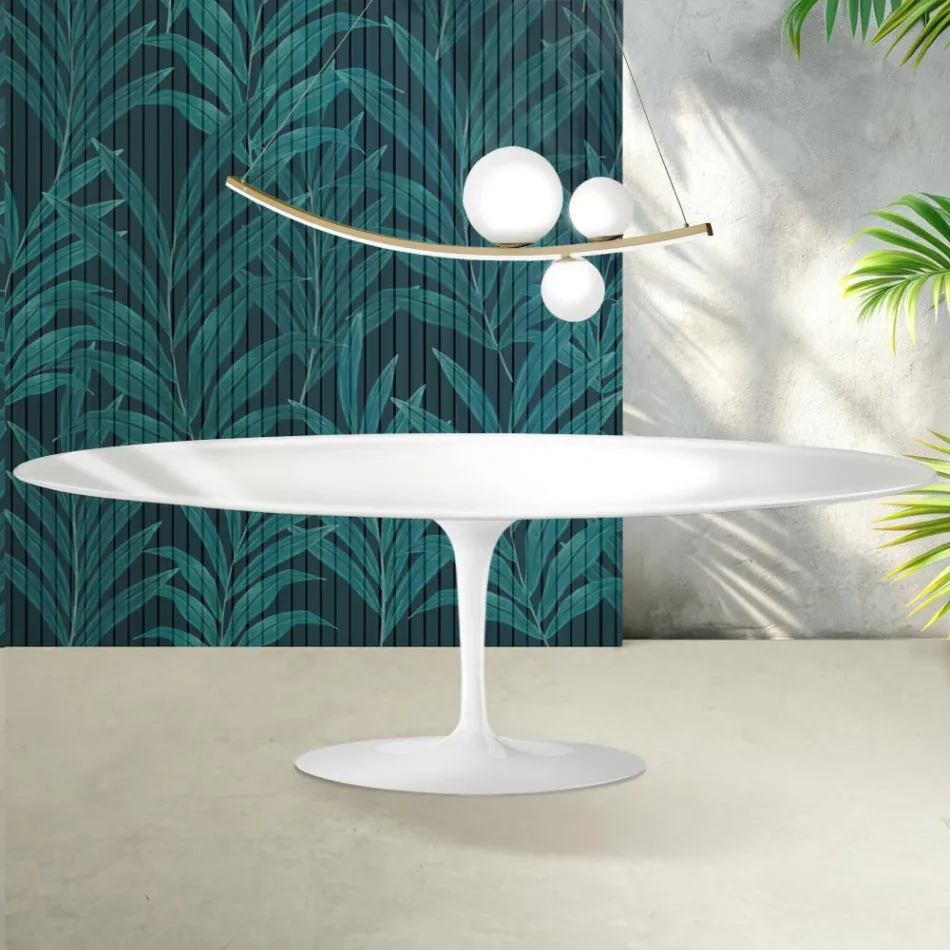 Mesa Tulipán de Saarinen, 74 cm de altura, en cerámica Florim blanca brillante - Escarlata viadurini