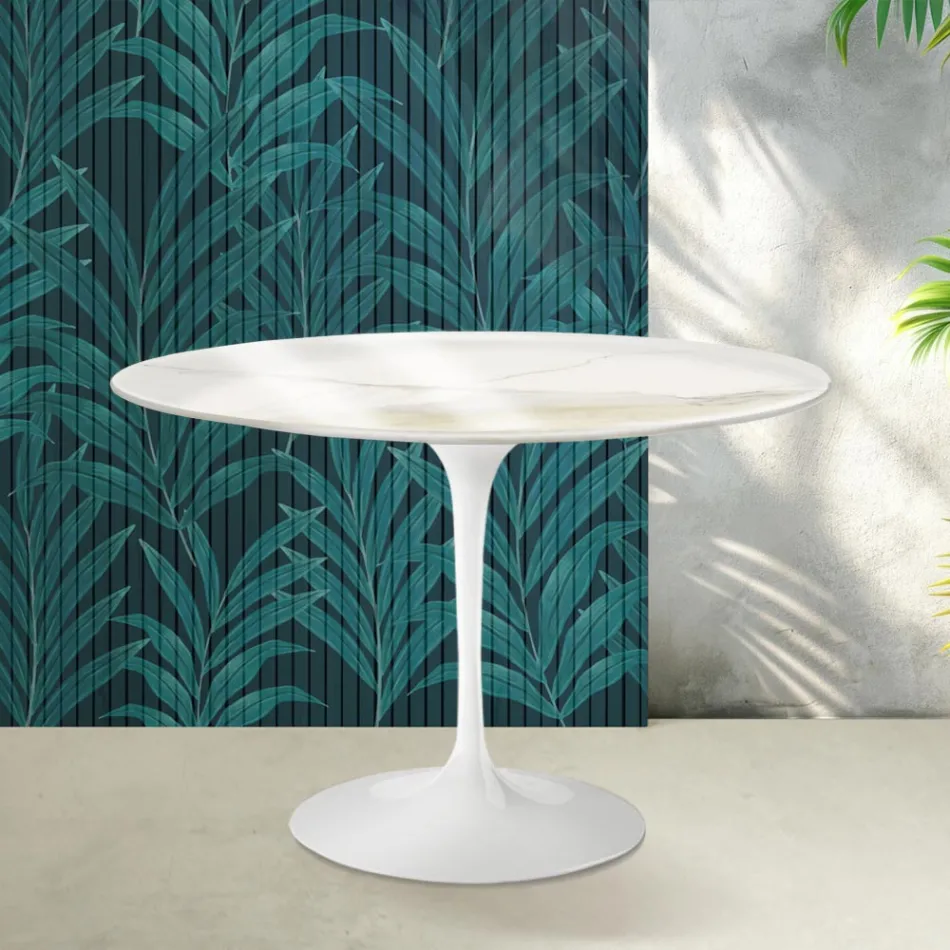 Mesa Tulipán de Saarinen, 74 cm de altura, en cerámica Florim Calacatta Gold Gloss - Escarlata viadurini
