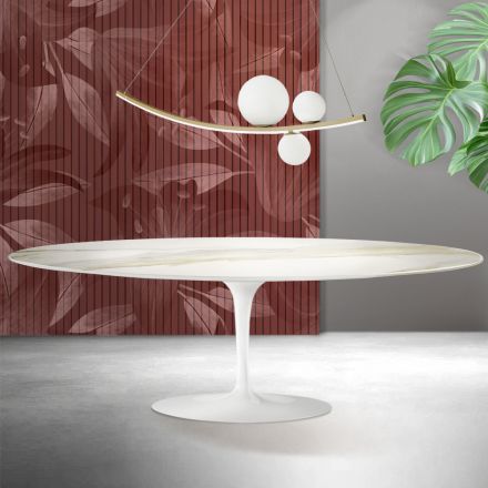 Mesa Tulipán de Saarinen, 74 cm de altura, en cerámica mate Florim Calacatta Gold - Escarlata viadurini