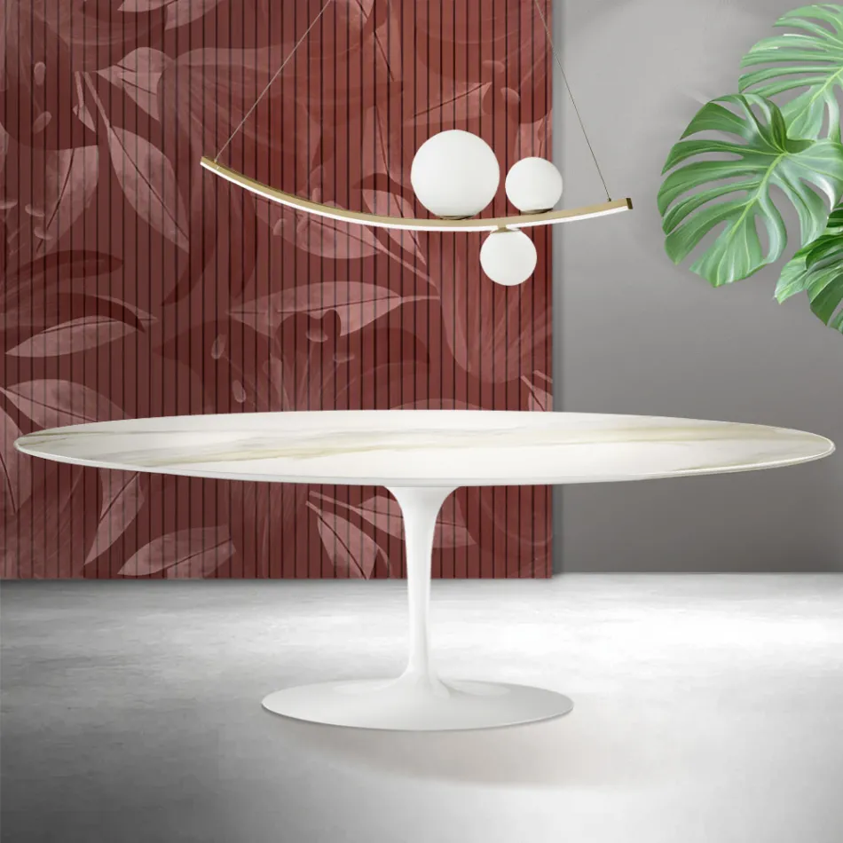 Mesa Tulipán de Saarinen, 74 cm de altura, en cerámica mate Florim Calacatta Gold - Escarlata viadurini