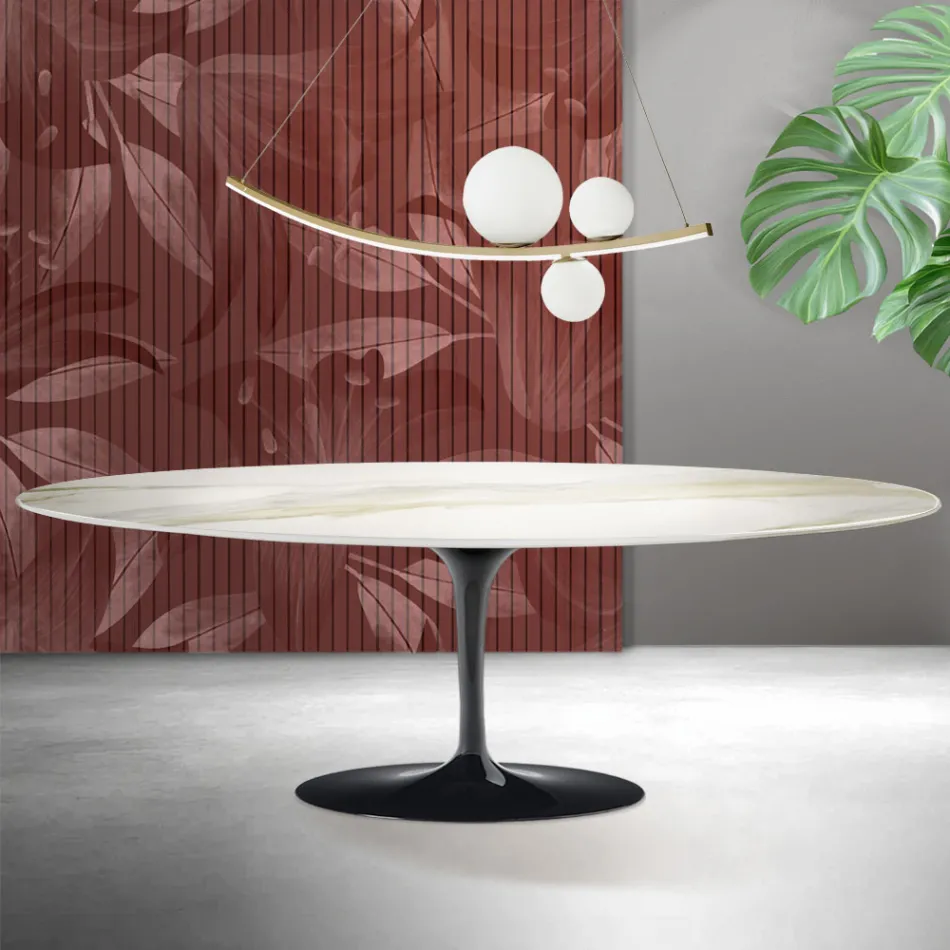 Mesa Tulipán de Saarinen, 74 cm de altura, en cerámica mate Florim Calacatta Gold - Escarlata viadurini