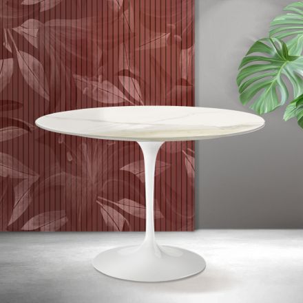 Mesa Tulipán de Saarinen, 74 cm de altura, en cerámica mate Florim Calacatta Gold - Escarlata viadurini
