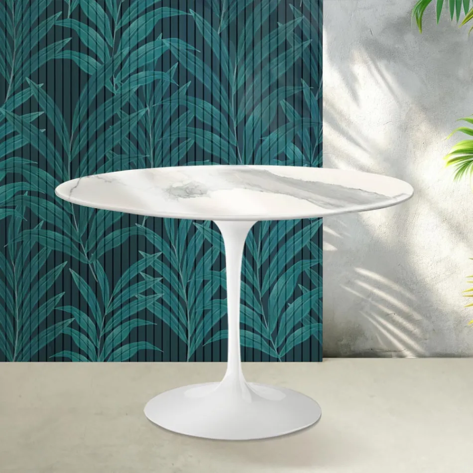 Mesa Tulip Saarinen Al. 74 cm de cerámica Florim Statuario Lucido - Escarlata viadurini