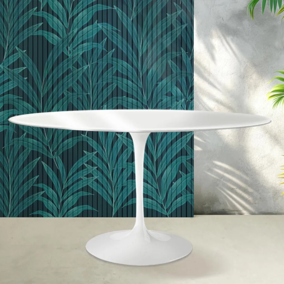 Mesa Tulipán Saarinen, redonda, 74 cm de altura, en cerámica Florim, blanco brillante - Escarlata viadurini