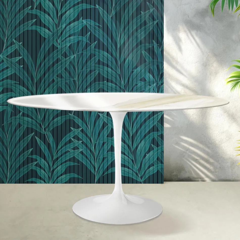 Mesa Tulip de Saarinen, redonda, de 74 cm de altura, en cerámica Florim Calacatta Gold Gloss - Scarlet viadurini