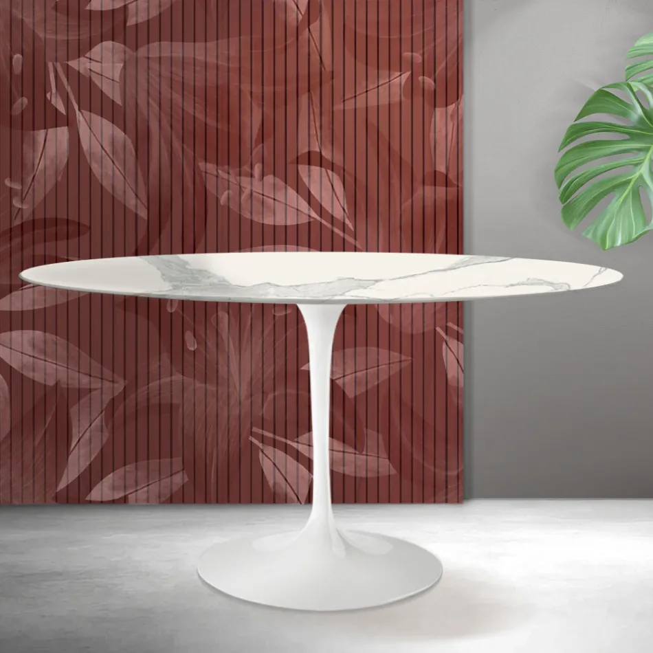 Mesa Tulipán Saarinen, redonda, 74 cm de altura, en cerámica mate Florim Statuario - Escarlata viadurini