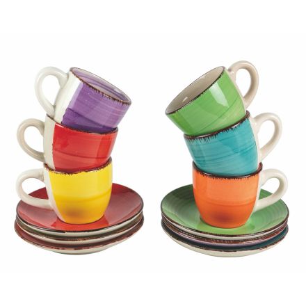 Tazas de café con platillo en gres pintado a mano de colores 12 piezas - Abruzos viadurini