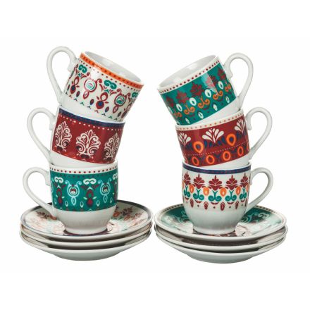 Tazas y platillo de café en porcelana de colores surtidos 12 piezas - Persia viadurini