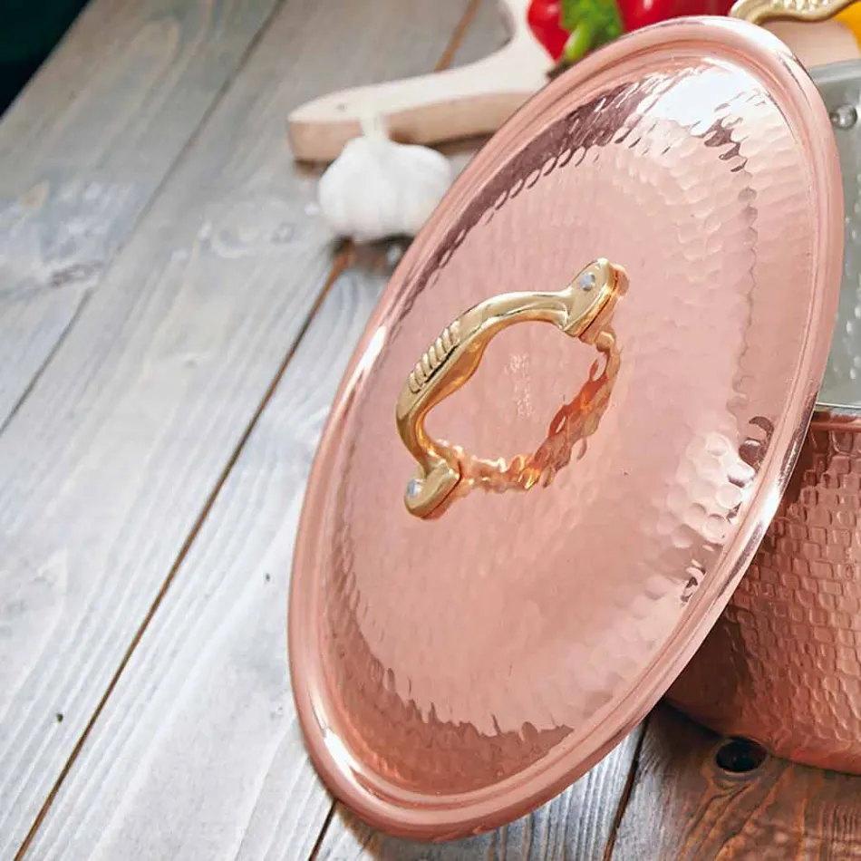 Sartén redonda de cobre estañado a mano con 2 asas y tapa 36 cm - Giangiorgio viadurini