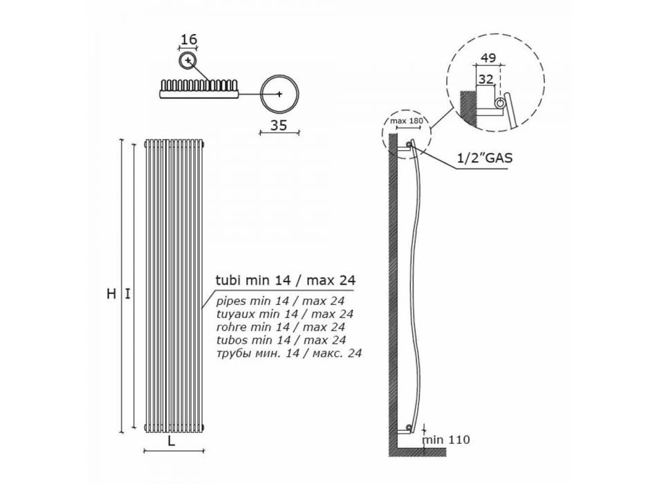 Radiador de baño vertical de diseño moderno ondulado 1181 Watt - Tucano viadurini