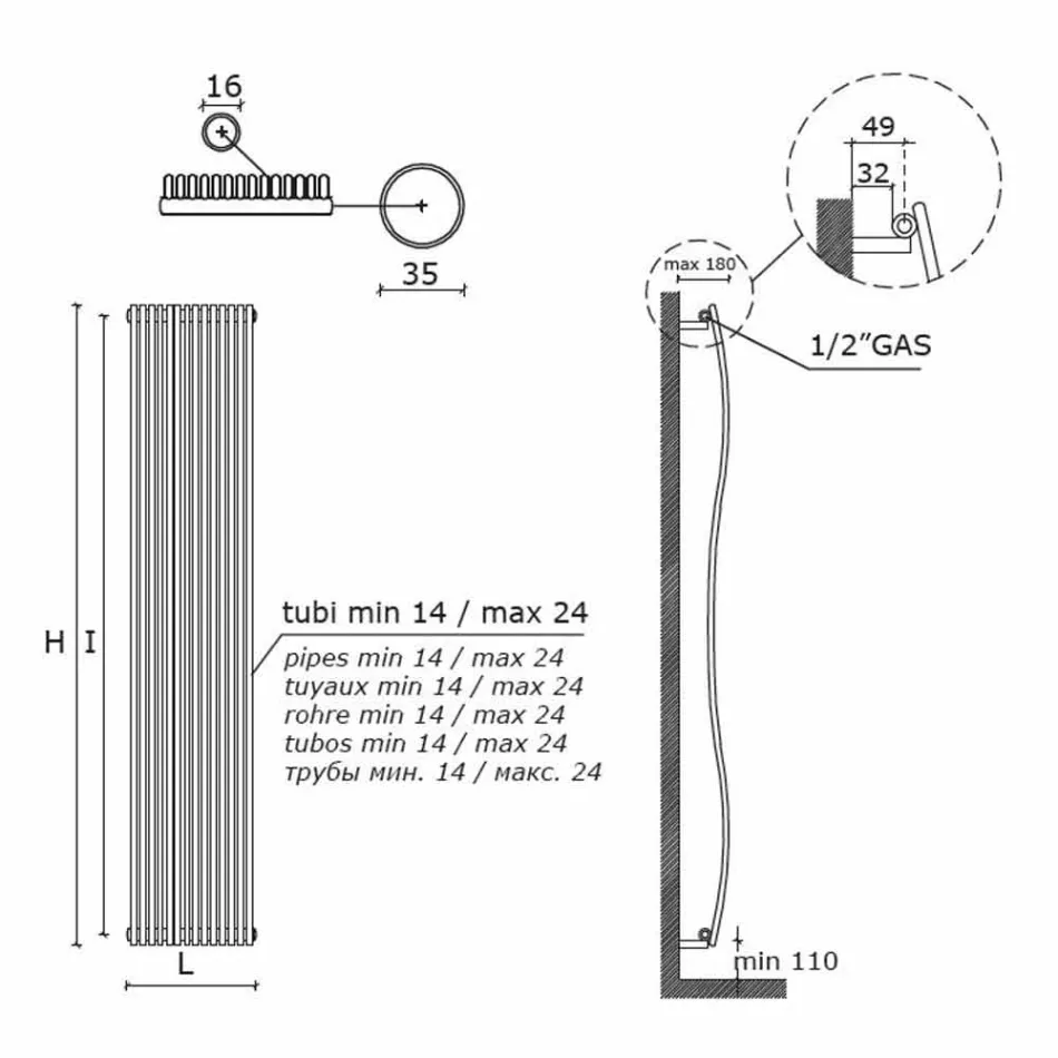 Radiador de baño vertical de diseño moderno ondulado 1181 Watt - Tucano viadurini