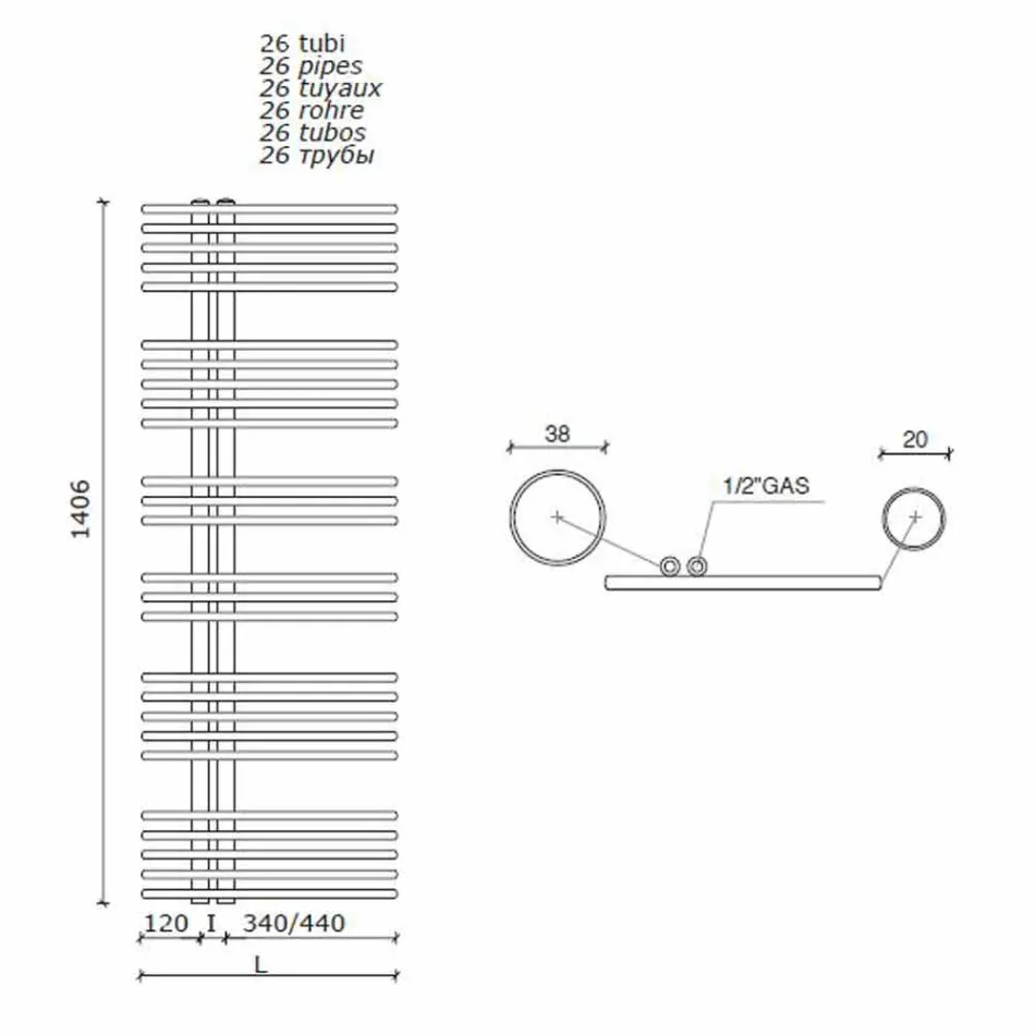 Calentador de toallas para radiador cromado en acero Diseño hidráulico 483 W - Pavone viadurini