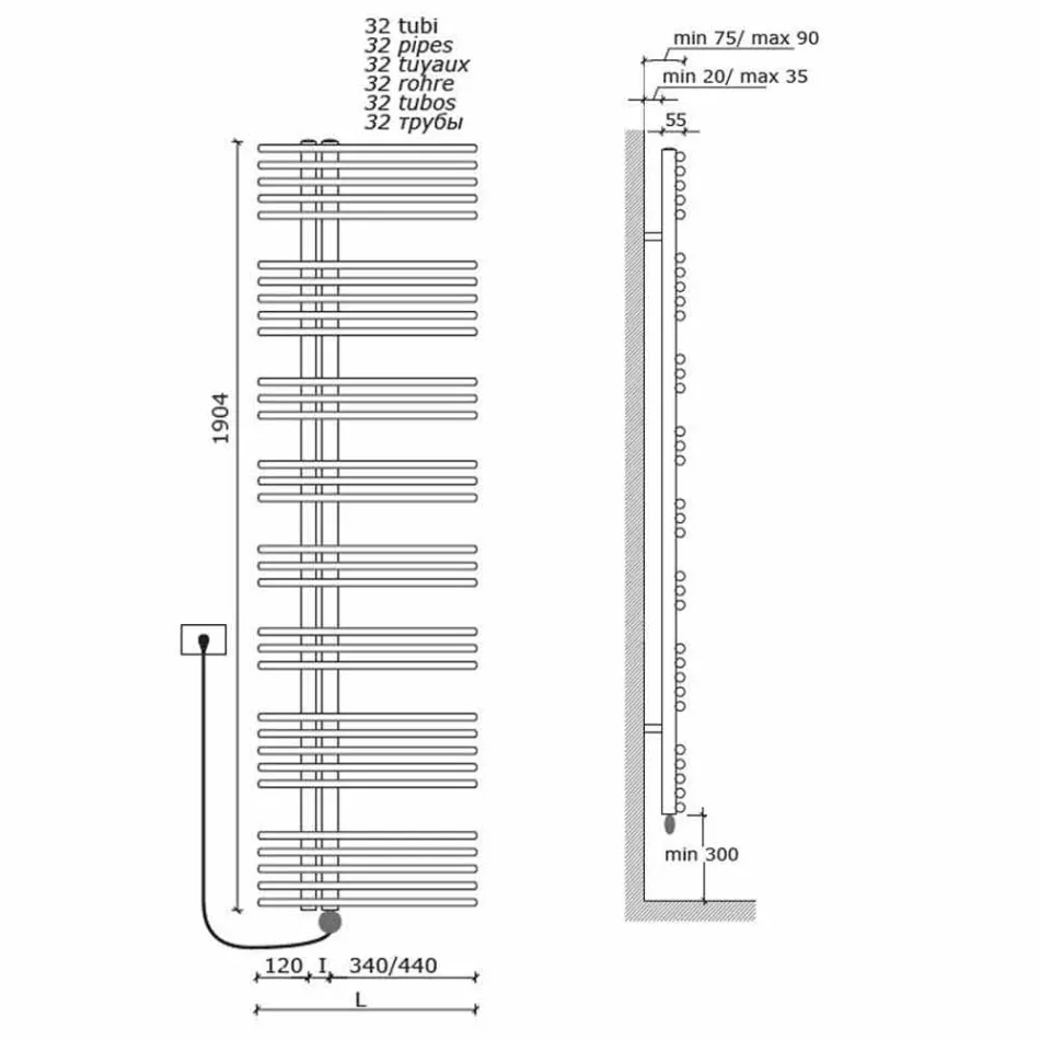 Toallero eléctrico con calefacción en acero cromado diseño 700 W - Peacock viadurini