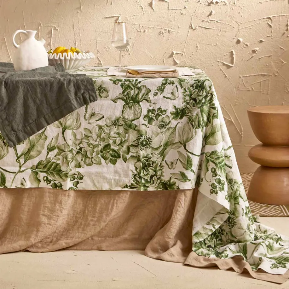 Mantel de lino estampado y lavable con un exuberante diseño floral - Caress viadurini