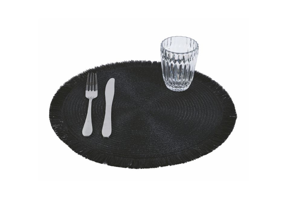 Manteles individuales redondos para el desayuno en poliéster negro con flecos 12 piezas - Saretta viadurini