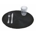 Manteles individuales redondos para el desayuno en poliéster negro con flecos 12 piezas - Saretta