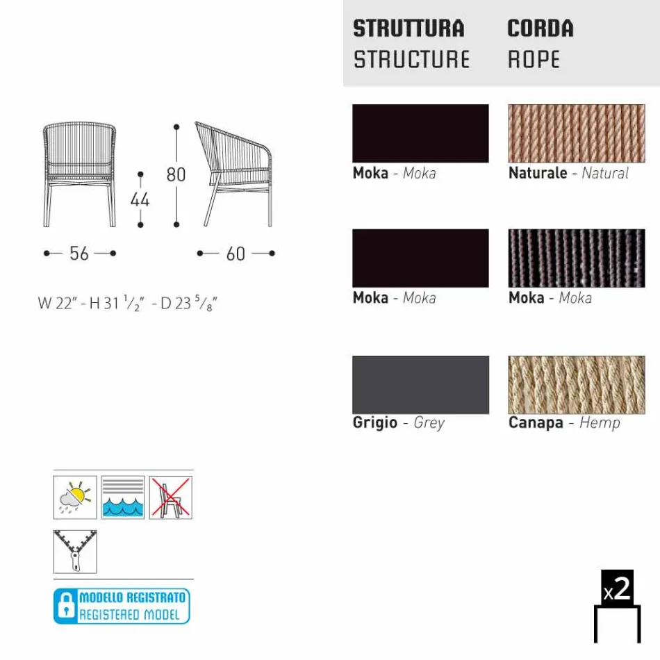 silla Varaschin Cricket con tejidos a mano exteriores, 2 piezas viadurini