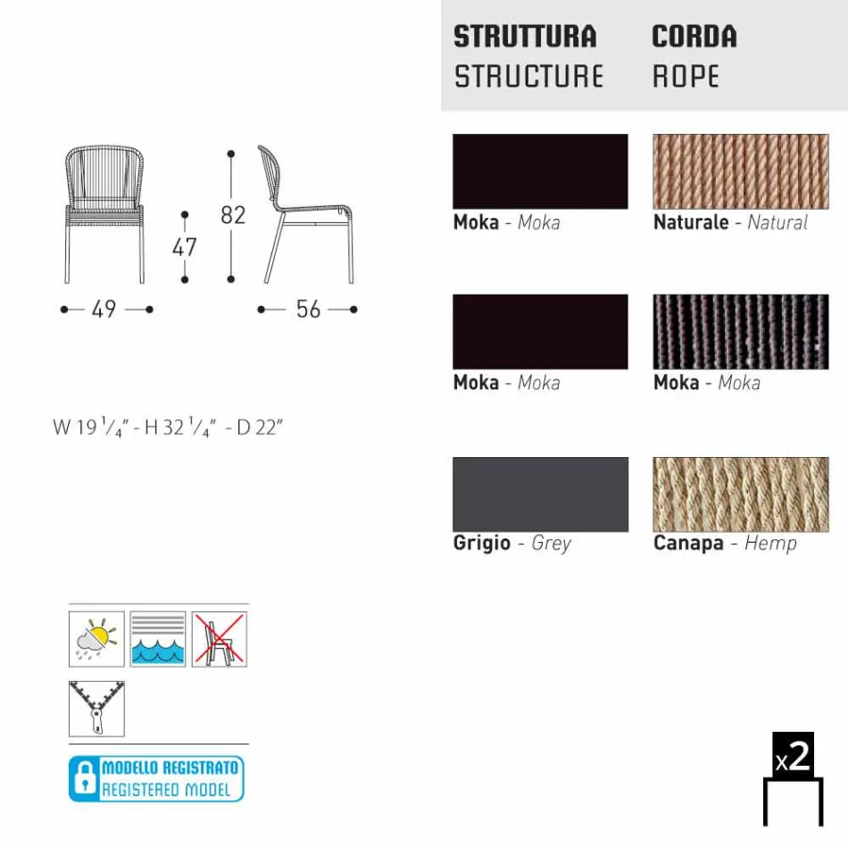 Varaschin Cricket silla al aire libre moderna tejida a mano, 2 piezas viadurini