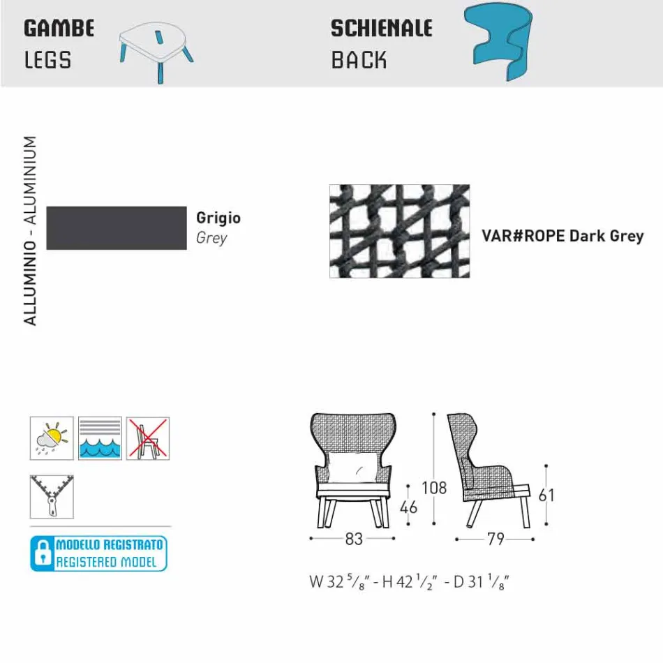 Varaschin Emma sillón al aire libre moderno con reposacabezas de tela viadurini