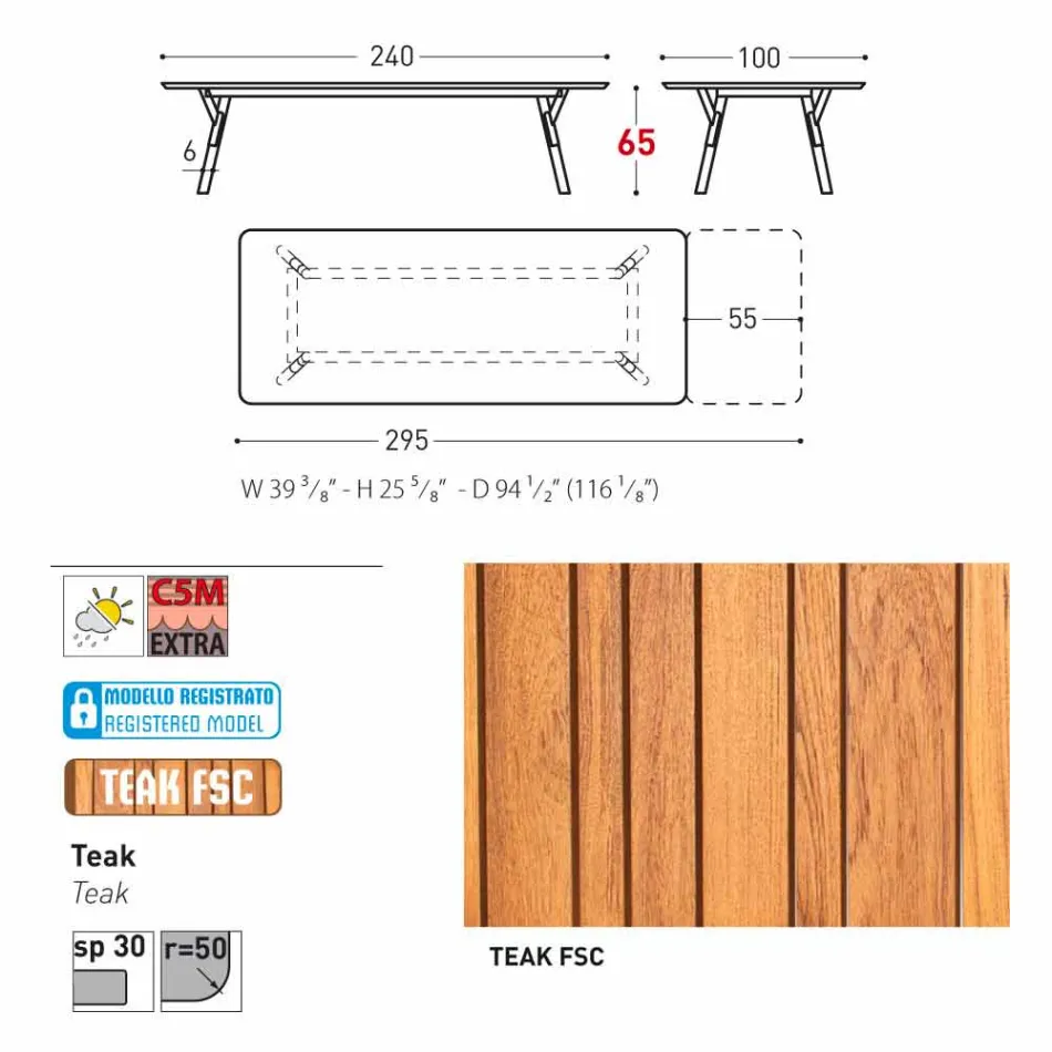 Varaschin Enlace mesa de mesa con patas de madera de teca, H65 cm viadurini