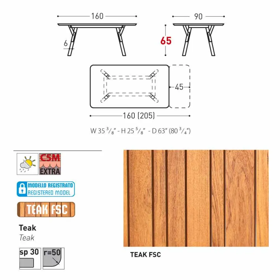 Varaschin Enlace mesa de mesa con patas de madera de teca, H65 cm viadurini