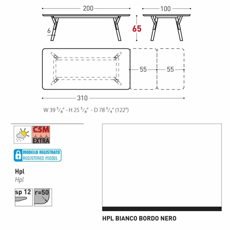 Varaschin Enlace tabla H 65 cm jardín extensible hasta 350 cm viadurini