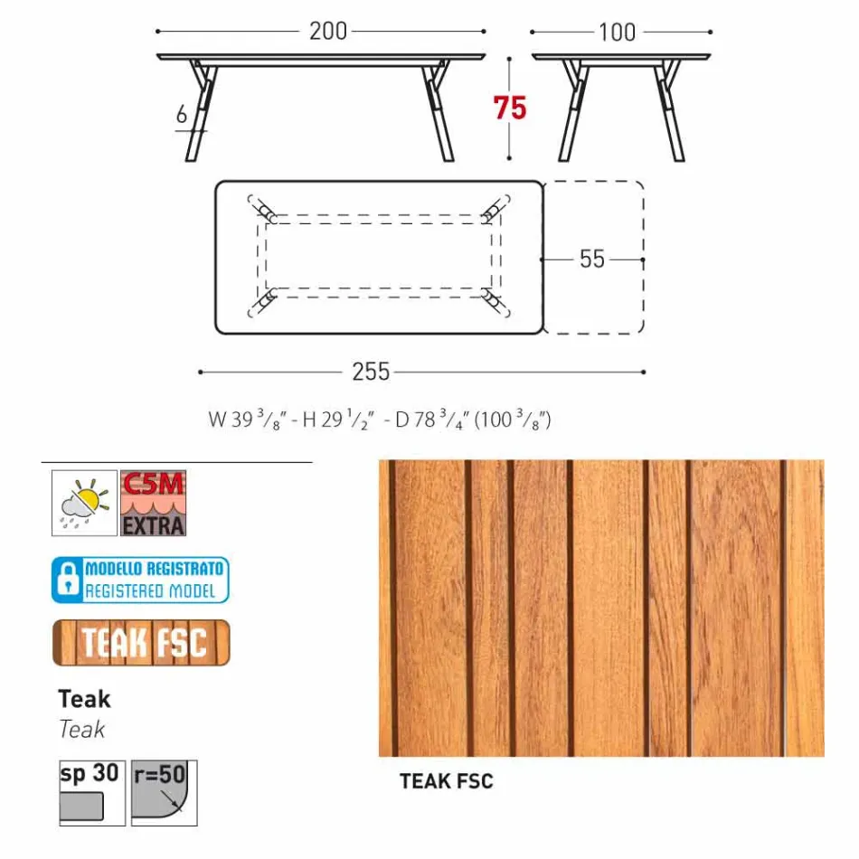 Varaschin Enlace tabla de extensión de jardín con patas de madera de teca, H75 cm viadurini