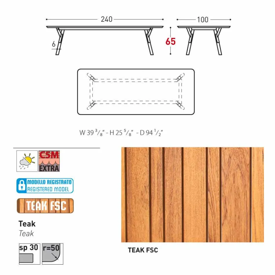 mesa Varaschin Enlace con patas de madera de teca, H 65 cm viadurini