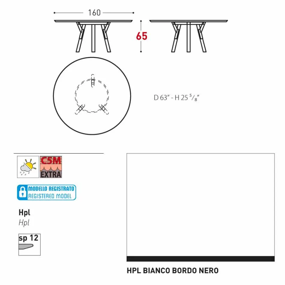 Varaschin enlace Ronda de mesa al aire libre con patas de madera de teca, 65 cm H viadurini