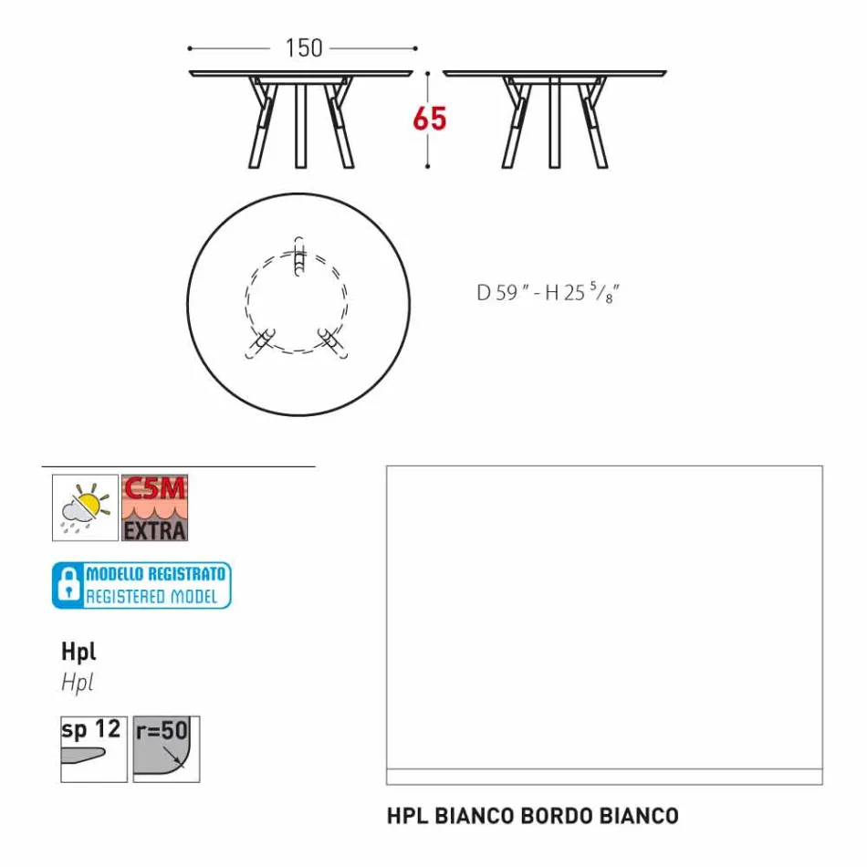 Varaschin enlace Ronda de mesa al aire libre con patas de madera de teca, 65 cm H viadurini