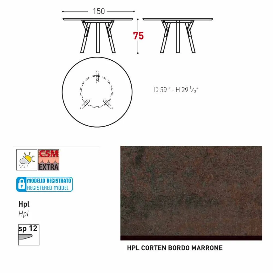 Varaschin une mesa redonda con patas de madera de teca, H 75cm viadurini